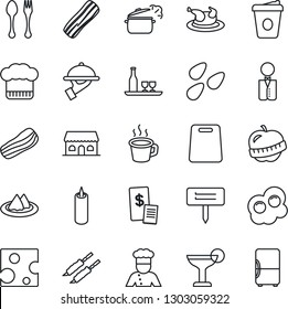 Thin Line Icon Set - spoon and fork vector, coffee, plant label, seeds, diet, waiter, cook, alcohol, serviette, hat, cocktail, bacon, cafe building, candle, restaurant receipt, chicken, kebab