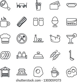 Thin Line Icon Set - spoon and fork vector, coffee, alcohol, cook hat, reception, cocktail, phyto bar, plates, bacon, egg stand, salt pepper, cafe building, table, alcove, credit card, chicken, ham