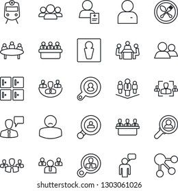 Thin Line Icon Set - spoon and fork vector, train, male, checkroom, speaking man, team, meeting, patient, group, user, company, hr, client search, consumer, social media