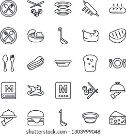 Thin Line Icon Set - spoon and fork vector, cafe, menu, salad, plates, bacon, waiter, bread, chicken, steak, hamburger, ladle, bowl, rolling pin, sushi, cheese