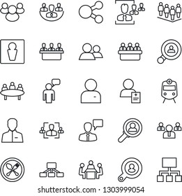 Thin Line Icon Set - spoon and fork vector, train, male, speaking man, team, meeting, patient, group, user, company, hr, client search, consumer, social media, hierarchy