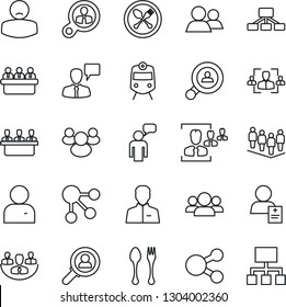 Thin Line Icon Set - spoon and fork vector, train, speaking man, team, meeting, patient, group, user, company, hr, client search, consumer, social media, hierarchy