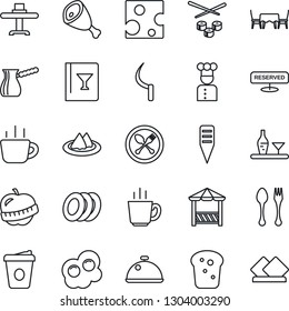 Thin Line Icon Set - spoon and fork vector, coffee, sickle, plant label, diet, cook, dish, alcohol, restaurant table, serviette, wine card, reserved, plates, bread, cafe, alcove, ham, turkish, sushi