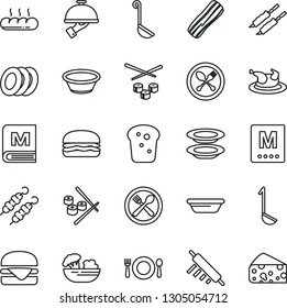 Thin Line Icon Set - spoon and fork vector, cafe, menu, salad, plates, bacon, waiter, bread, chicken, kebab, hamburger, ladle, bowl, rolling pin, sushi, cheese