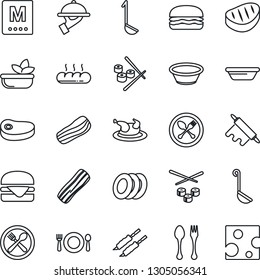 Thin Line Icon Set - spoon and fork vector, cafe, menu, salad, plates, bacon, waiter, bread, chicken, steak, kebab, hamburger, ladle, bowl, rolling pin, sushi, cheese