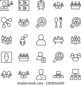 Thin Line Icon Set - spoon and fork vector, train, male, checkroom, speaking man, team, meeting, patient, group, user, company, hr, client search, consumer, social media, hierarchy