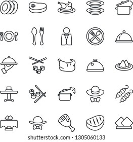 Thin Line Icon Set - spoon and fork vector, waiter, dish, restaurant table, serviette, cafe, plates, dress code, chicken, steak, kebab, ham, steaming pan, sushi