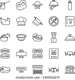 Thin Line Icon Set - spoon and fork vector, cafe, cook, restaurant table, hat, wine card, menu, reserved, reception, salad, waiter, candle, dress code, open close, alcove, chicken, steak, bowl