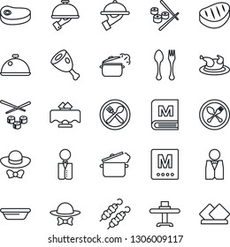 Thin Line Icon Set - spoon and fork vector, waiter, dish, restaurant table, cafe, menu, dress code, chicken, steak, kebab, ham, bowl, steaming pan, sushi, serviette