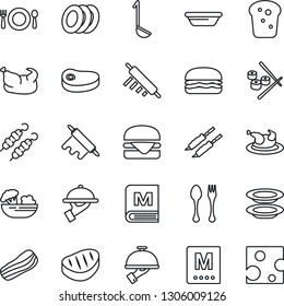 Thin Line Icon Set - spoon and fork vector, cafe, menu, salad, plates, bacon, waiter, bread, chicken, steak, kebab, hamburger, ladle, bowl, rolling pin, sushi, cheese