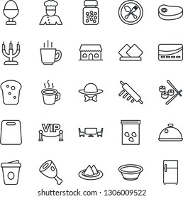 Thin Line Icon Set - spoon and fork vector, coffee, seeds, pills bottle, cook, dish, serviette, egg stand, bread, cafe building, candle, table, vip zone, dress code, credit card, steak, ham, bowl