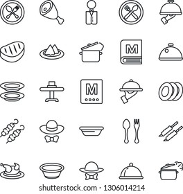 Thin Line Icon Set - spoon and fork vector, waiter, dish, restaurant table, serviette, cafe, menu, plates, dress code, chicken, steak, kebab, ham, bowl, steaming pan