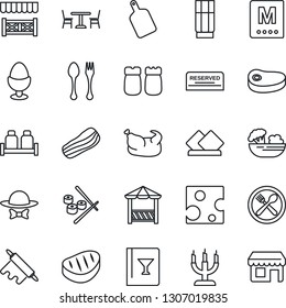 Thin Line Icon Set - spoon and fork vector, cafe, wine card, menu, reserved, drink, salad, bacon, egg stand, salt pepper, candle, dress code, alcove, chicken, steak, rolling pin, cutting board
