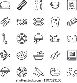 Thin Line Icon Set - spoon and fork vector, cafe, menu, salad, plates, bacon, waiter, bread, chicken, steak, kebab, hamburger, ladle, bowl, rolling pin, sushi, cheese