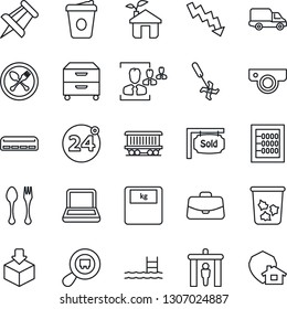 Thin Line Icon Set - spoon and fork vector, 24 around, security gate, trash bin, case, crisis graph, coffee, drawing pin, ripper, scales, railroad, car delivery, package, search cargo, hr, abacus