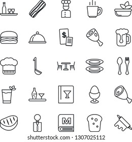 Thin Line Icon Set - spoon and fork vector, cafe, waiter, cook, dish, alcohol, hat, wine card, menu, phyto bar, coffee, beer, salad, plates, bacon, egg stand, bread, restaurant receipt, steak, ham