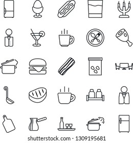Thin Line Icon Set - spoon and fork vector, coffee, seeds, fridge, waiter, alcohol, drink, cocktail, bacon, egg stand, salt pepper, candle, cafe table, steak, ham, hamburger, hot dog, ladle, turkish