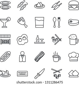 Thin Line Icon Set - spoon and fork vector, coffee, waiter, alcohol, serviette, cook hat, reserved, drink, cocktail, beer, plates, bacon, alcove, chicken, steak, kebab, ham, hamburger, hot dog