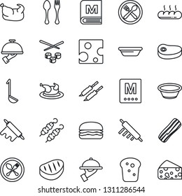 Thin Line Icon Set - spoon and fork vector, cafe, menu, bacon, waiter, bread, chicken, steak, kebab, hamburger, ladle, bowl, rolling pin, sushi, cheese