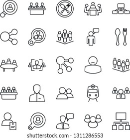 Thin Line Icon Set - spoon and fork vector, train, speaking man, team, meeting, patient, group, user, hr, company, client search, consumer, social media, hierarchy