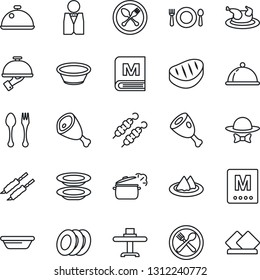 Thin Line Icon Set - spoon and fork vector, waiter, dish, restaurant table, serviette, cafe, menu, plates, dress code, chicken, steak, kebab, ham, bowl, steaming pan