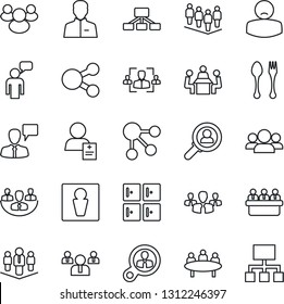 Thin Line Icon Set - spoon and fork vector, male, checkroom, speaking man, team, meeting, patient, group, user, company, hr, consumer search, social media, hierarchy