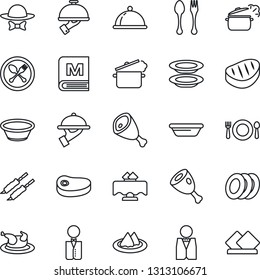 Thin Line Icon Set - spoon and fork vector, waiter, dish, restaurant table, serviette, cafe, menu, plates, dress code, chicken, steak, kebab, ham, bowl, steaming pan