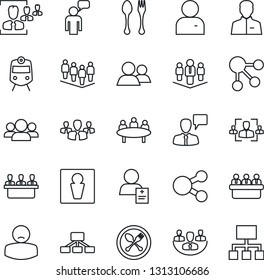 Thin Line Icon Set - spoon and fork vector, train, male, speaking man, team, meeting, patient, group, user, company, hr, social media, hierarchy