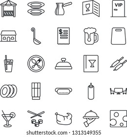 Thin Line Icon Set - spoon and fork vector, wine card, reception, drink, cocktail, phyto bar, beer, plates, waiter, cafe building, candle, table, vip zone, alcove, restaurant receipt, chicken, kebab