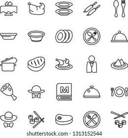 Thin Line Icon Set - spoon and fork vector, waiter, dish, restaurant table, serviette, cafe, menu, plates, dress code, chicken, steak, kebab, ham, bowl, steaming pan, sushi