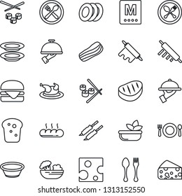 Thin Line Icon Set - spoon and fork vector, cafe, menu, salad, plates, bacon, waiter, bread, chicken, steak, kebab, hamburger, bowl, rolling pin, sushi, cheese