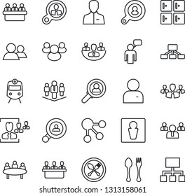 Thin Line Icon Set - spoon and fork vector, train, male, checkroom, speaking man, team, meeting, group, user, company, hr, client search, consumer, social media, hierarchy