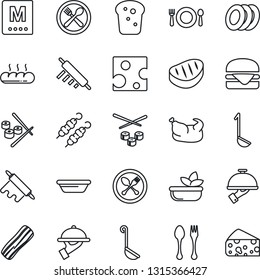 Thin Line Icon Set - spoon and fork vector, cafe, menu, salad, plates, bacon, waiter, bread, chicken, steak, kebab, hamburger, ladle, bowl, rolling pin, sushi, cheese