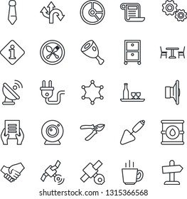 Thin Line Icon Set - spoon and fork vector, cafe, tie, document, circle chart, trowel, pruner, route, satellite, oil barrel, antenna, speaker, archive box, alcohol, coffee, ham, power plug, police