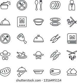 Thin Line Icon Set - spoon and fork vector, waiter, dish, cafe, menu, plates, dress code, chicken, steak, kebab, ham, bowl, steaming pan, sushi, serviette