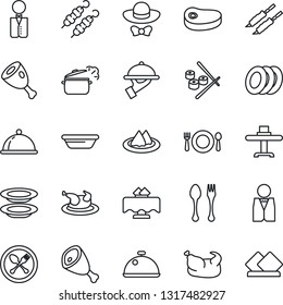 Thin Line Icon Set - spoon and fork vector, waiter, dish, restaurant table, serviette, cafe, plates, dress code, chicken, steak, kebab, ham, bowl, steaming pan, sushi