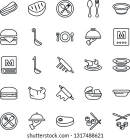 Thin Line Icon Set - spoon and fork vector, cafe, menu, salad, plates, bacon, waiter, chicken, steak, hamburger, ladle, bowl, rolling pin, sushi