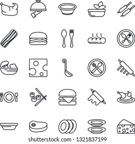 Thin Line Icon Set - spoon and fork vector, cafe, salad, plates, bacon, waiter, bread, chicken, steak, kebab, hamburger, ladle, bowl, rolling pin, sushi, cheese
