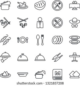 Thin Line Icon Set - spoon and fork vector, waiter, dish, restaurant table, serviette, cafe, menu, plates, dress code, chicken, steak, kebab, bowl, steaming pan, sushi