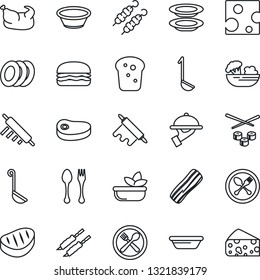 Thin Line Icon Set - spoon and fork vector, cafe, salad, plates, bacon, waiter, bread, chicken, steak, kebab, hamburger, ladle, bowl, rolling pin, sushi, cheese