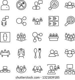 Thin Line Icon Set - spoon and fork vector, train, male, checkroom, speaking man, team, meeting, group, user, company, hr, client search, consumer, social media, hierarchy