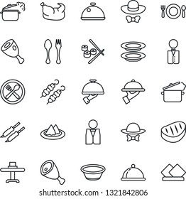 Thin Line Icon Set - spoon and fork vector, waiter, dish, restaurant table, serviette, cafe, plates, dress code, chicken, steak, kebab, ham, bowl, steaming pan, sushi