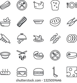 Thin Line Icon Set - spoon and fork vector, cafe, salad, plates, bacon, waiter, bread, chicken, steak, kebab, hamburger, ladle, bowl, rolling pin, sushi, cheese