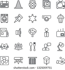Thin Line Icon Set - spoon and fork vector, border cone, flight table, bird house, traffic light, term, speaker, photo gallery, drawing pin, news, hr, desk lamp, mail, company, fruit tree, washer
