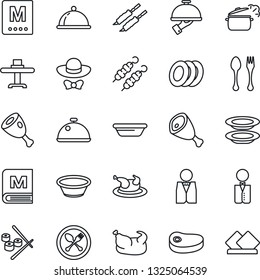 Thin Line Icon Set - spoon and fork vector, waiter, dish, restaurant table, menu, plates, dress code, chicken, steak, kebab, ham, bowl, steaming pan, sushi, serviette