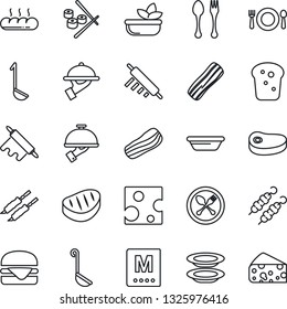 Thin Line Icon Set - spoon and fork vector, cafe, menu, salad, plates, bacon, waiter, bread, steak, kebab, hamburger, ladle, bowl, rolling pin, sushi, cheese