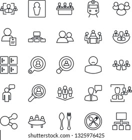 Thin Line Icon Set - spoon and fork vector, train, male, checkroom, speaking man, meeting, patient, group, company, hr, client search, consumer, social media, hierarchy