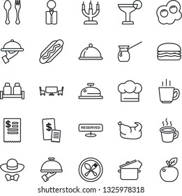 Thin Line Icon Set - spoon and fork vector, coffee, waiter, dish, cook hat, reserved, reception, cocktail, salt pepper, candle, cafe table, dress code, restaurant receipt, chicken, hamburger