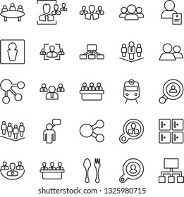 Thin Line Icon Set - spoon and fork vector, train, male, checkroom, speaking man, team, meeting, patient, group, company, hr, client search, consumer, social media, hierarchy