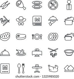 Thin Line Icon Set - spoon and fork vector, waiter, dish, restaurant table, cafe, menu, plates, dress code, chicken, steak, kebab, ham, bowl, steaming pan, sushi, serviette